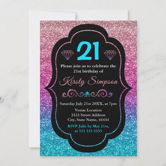 Invitación Purpurina de gradiente rosa y azul brillante cumpl (Anverso)