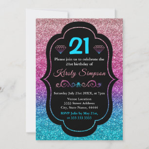 Invitación Purpurina de gradiente rosa y azul brillante cumpl