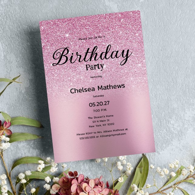 Invitación purpurina de gradiente rosado giratorio Rubor Fies (Blush girly pink gradient glitter Birthday Party )