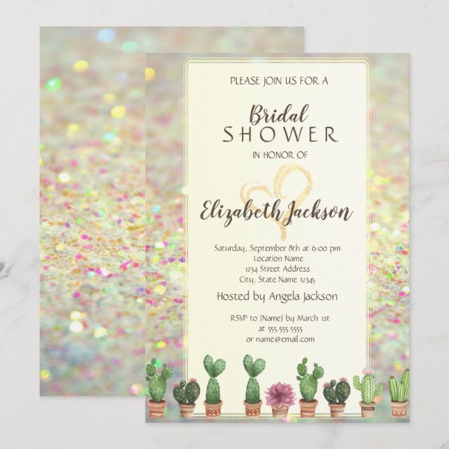 Invitación Purpurina de Guay Bokeh Cactus Bridal Shower (Anverso / Reverso)