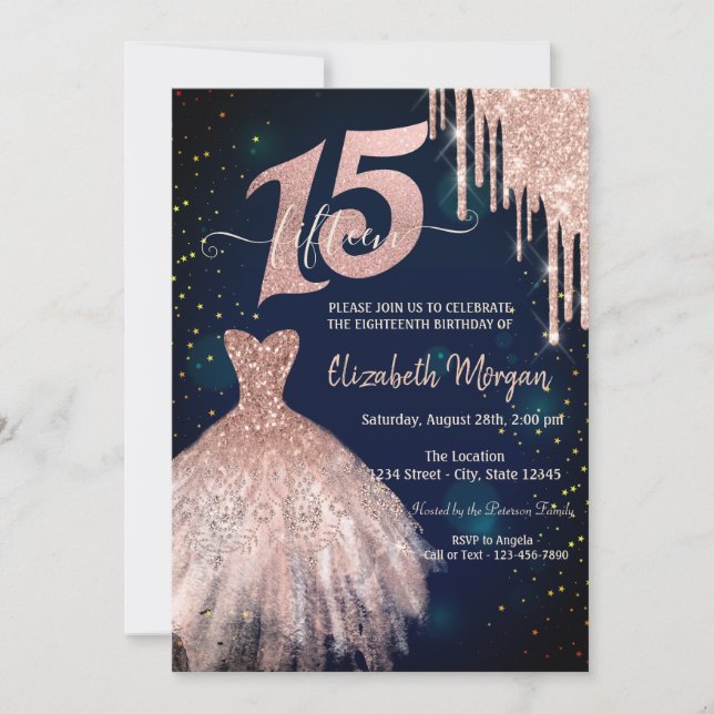 Invitación Purpurina de Guay gotea vestido azul 15 cumpleaños (Anverso)