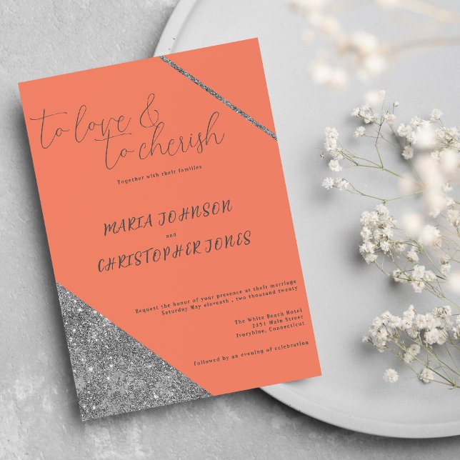 Invitación Purpurina de guion clásico naranja glam boda (Classic script silver glitter orange glam Wedding )