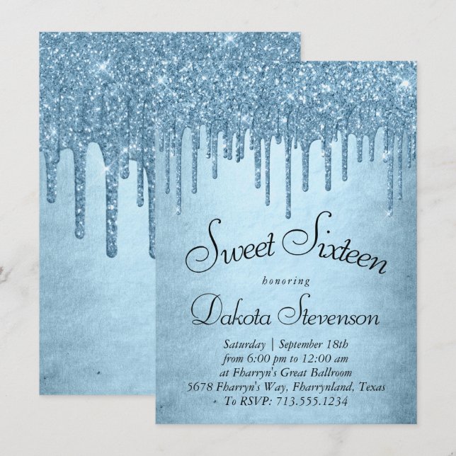 Invitación Purpurina de hielo de goteo | Blue Faux Sparkle Sw (Anverso / Reverso)