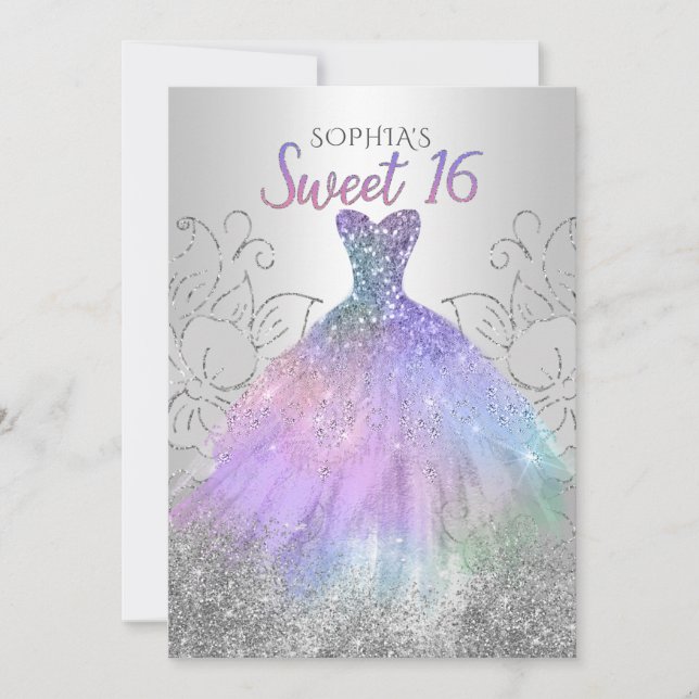 Invitación Purpurina de Holograma Plata Vestido Dulce 16 cump (Anverso)