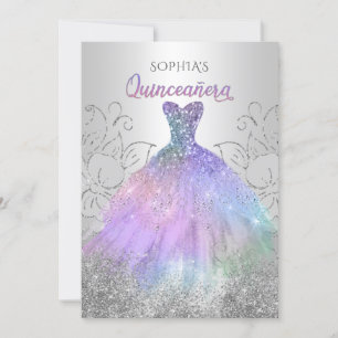Invitación Purpurina de Holograma Plateado Vestido Quinceañer