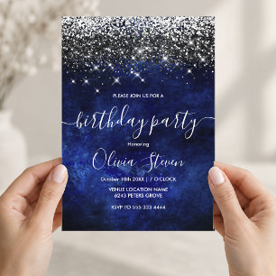 Invitación Purpurina de imitación de oro azul real