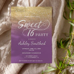 Invitación Purpurina de imitación de oro oscuro morado dulce<br><div class="desc">Una moderna ducha purpurina de color bonito falso dorado oscuro con el bloque color púrpura Invitación a la fiesta de 16 años dulce con tipografía elegante con un patrón oscuro dorado que se desvanece en un fondo de personalizable. Perfecto para una princesa Dulce.</div>