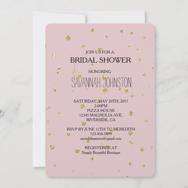 Invitación Purpurina de imitación rosa y dorada ducha de novi (Anverso)