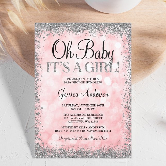 Invitación Purpurina de imitación rosada Chica Baby Shower (Subido por el creador)