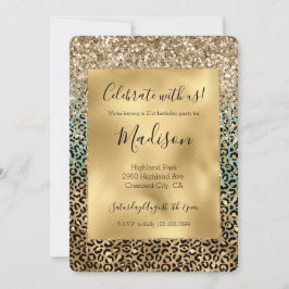 Invitación Purpurina de impresión Aqua Glitz Gold Leopard