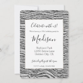 Invitación Purpurina de impresión de cebra negro brillante pl