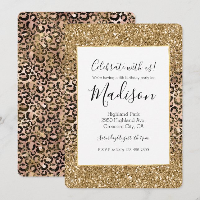 Invitación Purpurina de impresión Gold Pink Leopard personali (Anverso / Reverso)