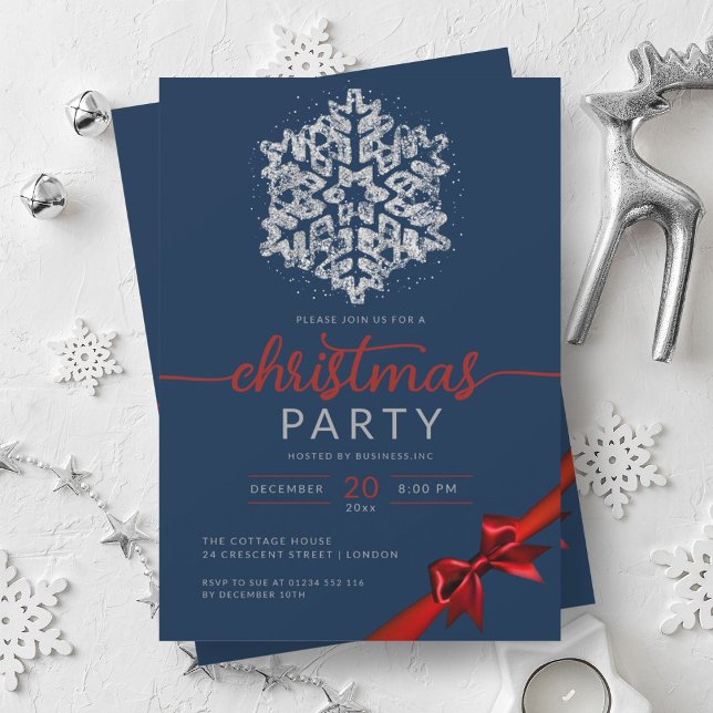 Invitación Purpurina de invierno de la Marina de Plata - Noch (Silver Navy Winter Glitter Snowflake Company Xmas Invitation)
