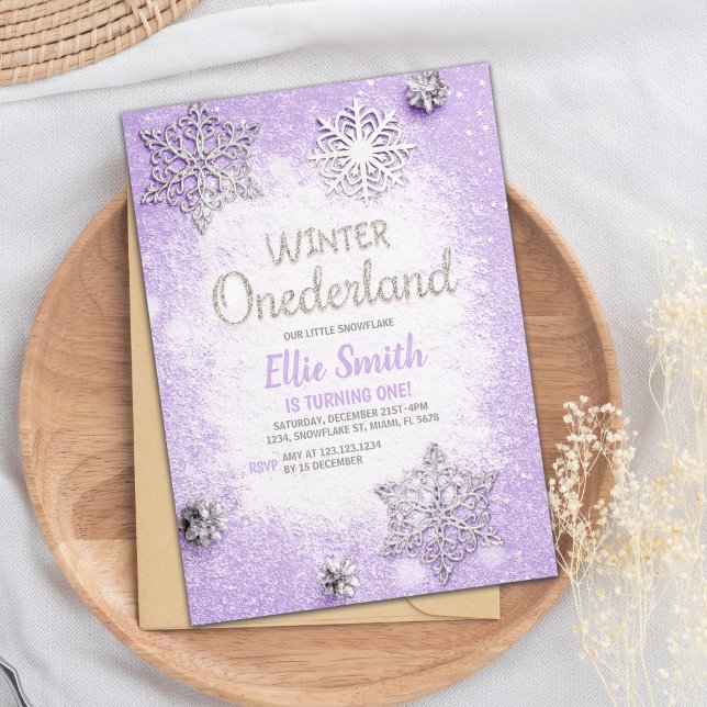 Invitación Purpurina de invierno editable Purple Silver Onede (Purple Silver Glitter Winter ONEderland Invitation)