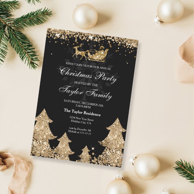 Invitación Purpurina de invierno Fiesta de árbol de Navidad (gold glitter christmas trees and santa sleigh)