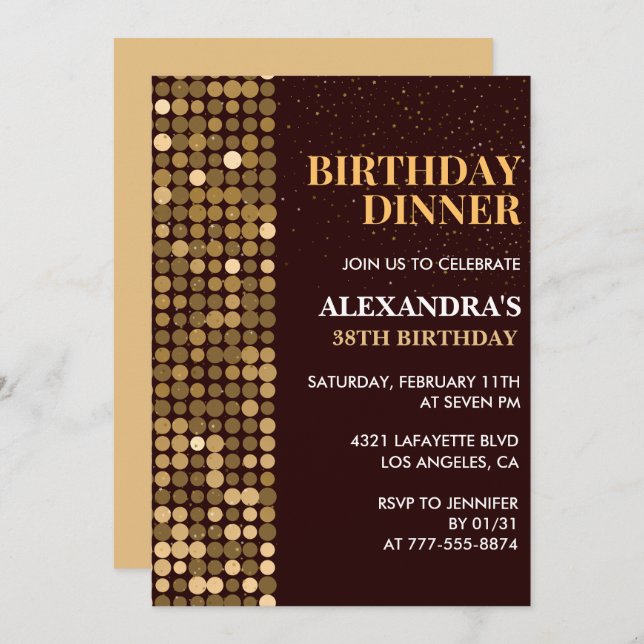 Invitación Purpurina de la cena Glam Black Gold 38 cumpleaños (Anverso / Reverso)