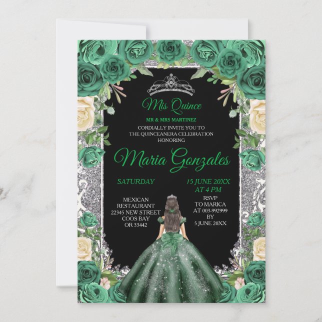 Invitación Purpurina de la corona de plata verde esmeralda (Anverso)