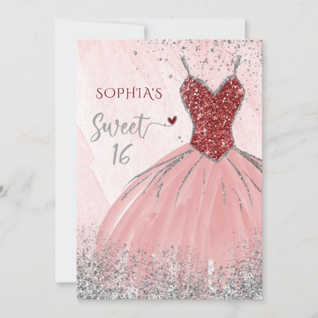 Invitación Purpurina de la Esparkle de Plata Roja Vestido dul (Anverso)
