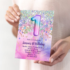 Invitación Purpurina de la espuma arcoiris Primer Fiesta de c