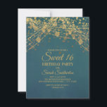 Invitación Purpurina de la espuma dorada verde azulada de la<br><div class="desc">Elegante invitación a la fiesta de 16 cumpleaños Sweet con hermosas luces purpurinoso de cuerda de oro y un bokeh brillante en un atrevido fondo verde azulado.</div>