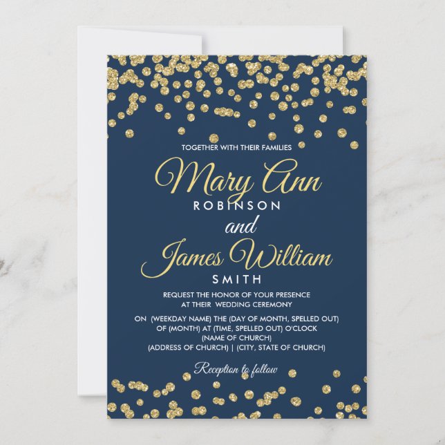 Invitación Purpurina de la Falso Oro Confetti Elegante Marina (Anverso)