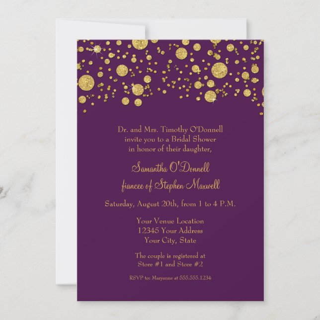 Invitación Purpurina de la hoja de oro Confetti Dots Bridal S (Anverso)
