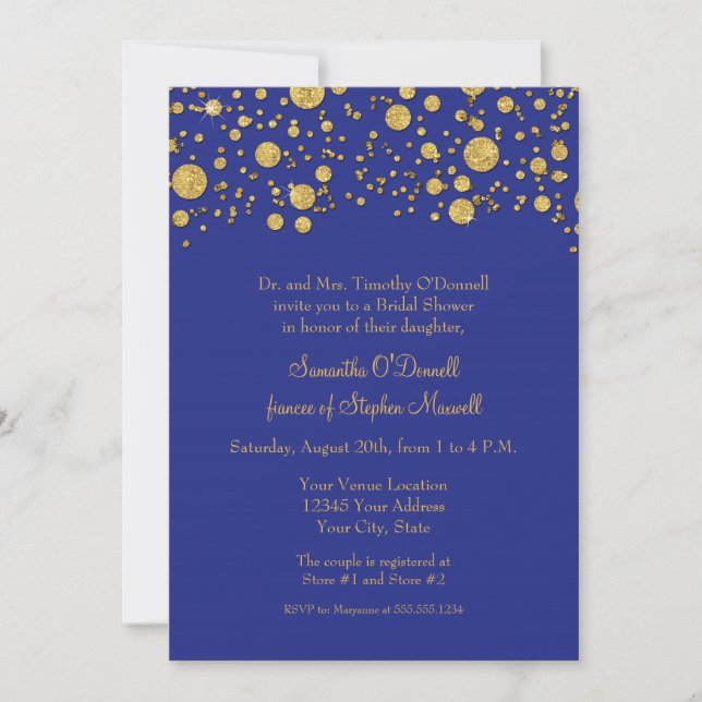 Invitación Purpurina de la hoja de oro Confetti Dots Bridal S (Anverso)