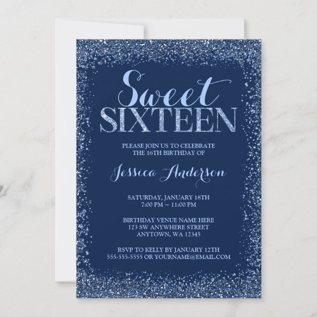 Invitación Purpurina de la Marina Blue Faux Sweet 16 cumpleañ (Anverso)