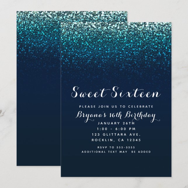 Invitación Purpurina de la Marina de Blue Aqua Sparkle Sweet  (Anverso / Reverso)