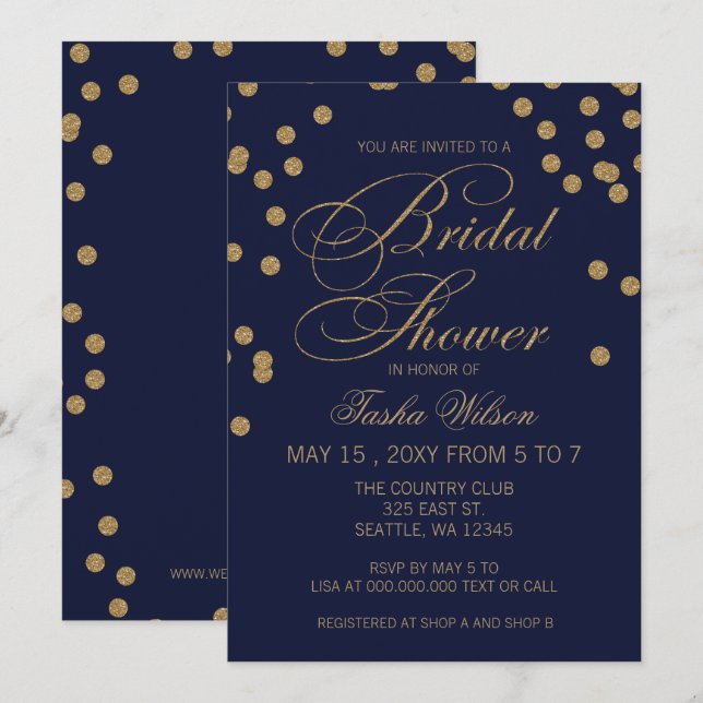 Invitación Purpurina de la Marina y el Oro Confetti (Anverso / Reverso)