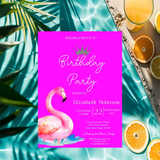 Invitación Purpurina de la moda Tiara Flamingos Neon Pink Bir (Subido por el creador)