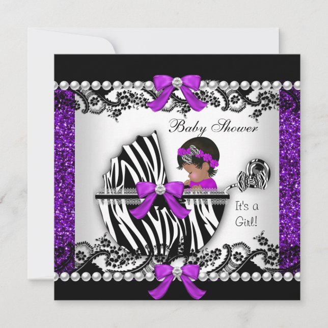 Invitación Purpurina de la niña afroamericana de Baby Shower (Anverso)