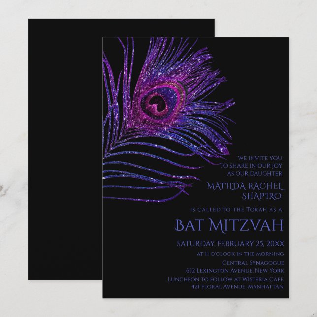 Invitación Purpurina de la pluma de pavo real Morple Bat Mitz (Anverso / Reverso)