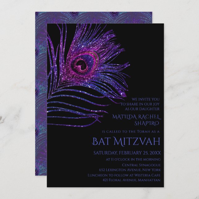 Invitación Purpurina de la pluma de pavo real Morple Bat Mitz (Anverso / Reverso)