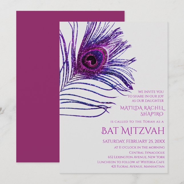 Invitación Purpurina de la pluma de pavo real Morple Bat Mitz (Anverso / Reverso)