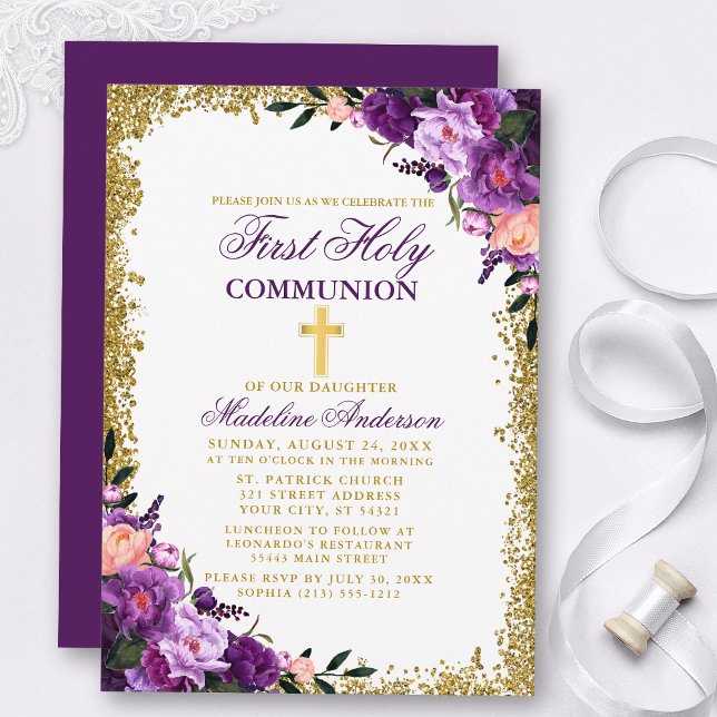 Invitación Purpurina de la primera comunión acuarela morada f (Customize to change text size, color, style or to change color of back of card.)