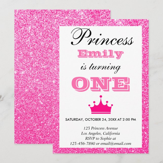 Invitación Purpurina de la Princesa Girona Hot Pink Primer cu (Anverso / Reverso)