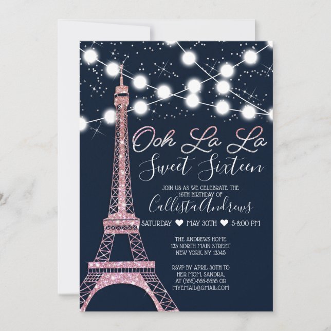 Invitación Purpurina de la Torre Eiffel de París Luces dulces (Anverso)