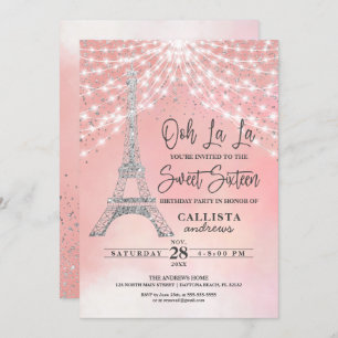 Invitación Purpurina de la Torre Eiffel Plata Luces Dulce 16