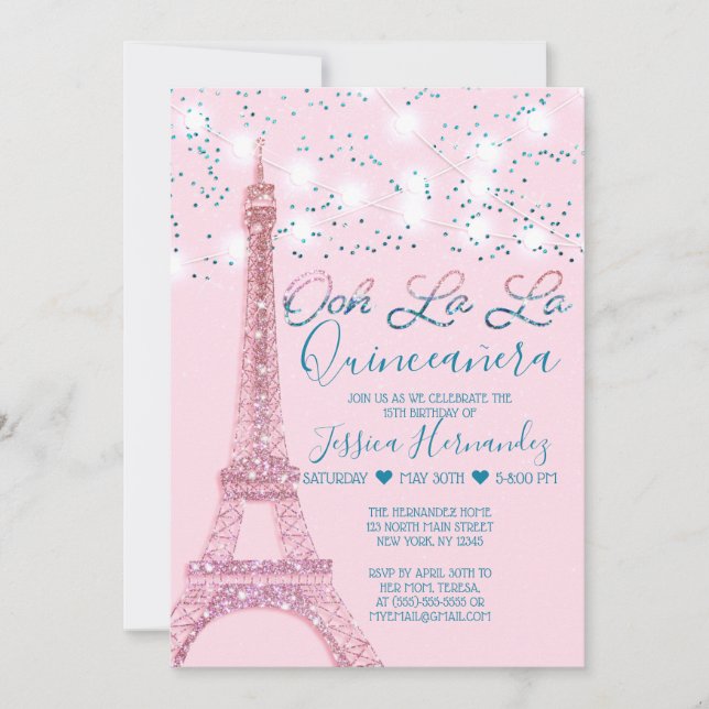 Invitación Purpurina de la Torre Eiffel Rosa de París alumbra (Anverso)