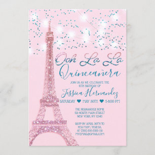 Invitación Purpurina de la Torre Eiffel Rosa de París alumbra