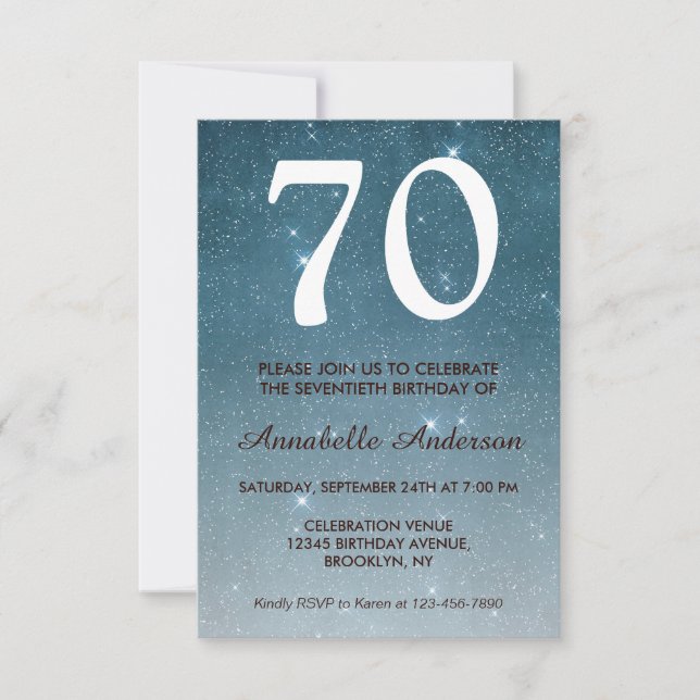 Invitación purpurina de las estrellas del cielo azul de la ma (Anverso)