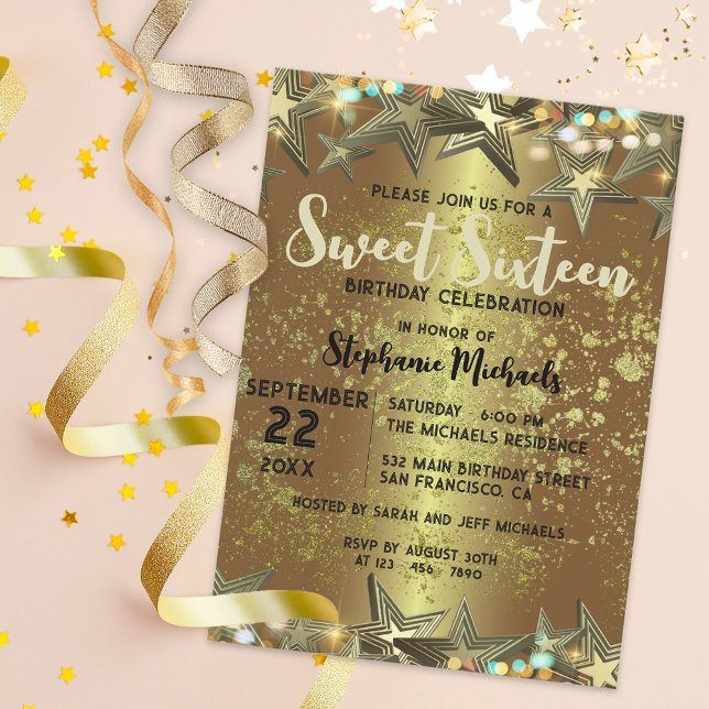 Invitación Purpurina de las estrellas del oro y luces dulces  (Subido por el creador)