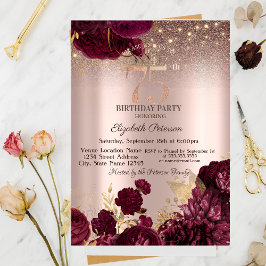 Invitación Purpurina de las flores de Borgoña Rosa Oro 75 cum