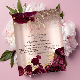 Invitación Purpurina de las flores de Borgoña Rosa Oro 80 cum