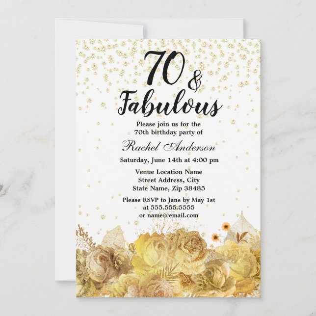 Invitación Purpurina de las flores de oro 70 y fabuloso cumpl (Anverso)