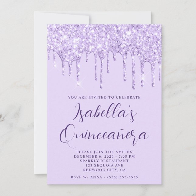 Invitación Purpurina de lavanda ligera gotea Quinceañera (Anverso)