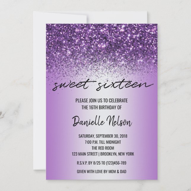 Invitación Purpurina de lavanda morada Confetti Sparkle Sweet (Anverso)