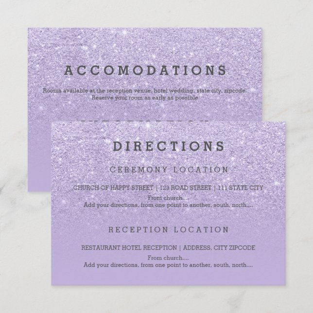 Invitación purpurina de lavanda morado moderno detalla boda (Anverso / Reverso)