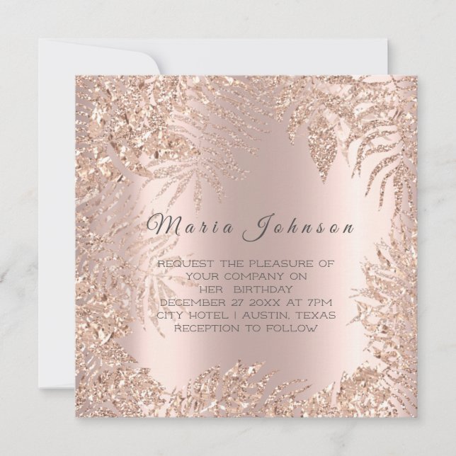 Invitación Purpurina de Leafs Tropical Frame Rubor Rosa Gold (Anverso)